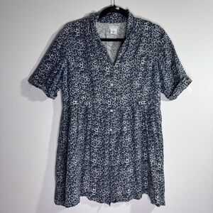 Cooperative Blue Floral Tunic Blouse Large Boho Rayon Button Front Top